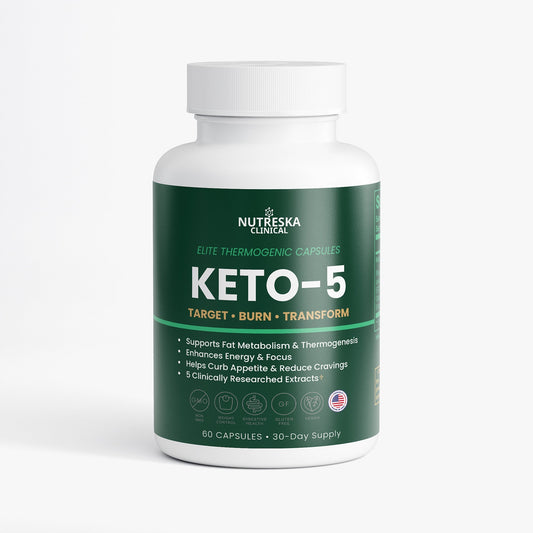 Nutreska KETO-5 Supplement Bottle - natural weight loss support, raspberry ketone, caffeine, green tea, green coffee, Garcinia Cambogia, made in USA