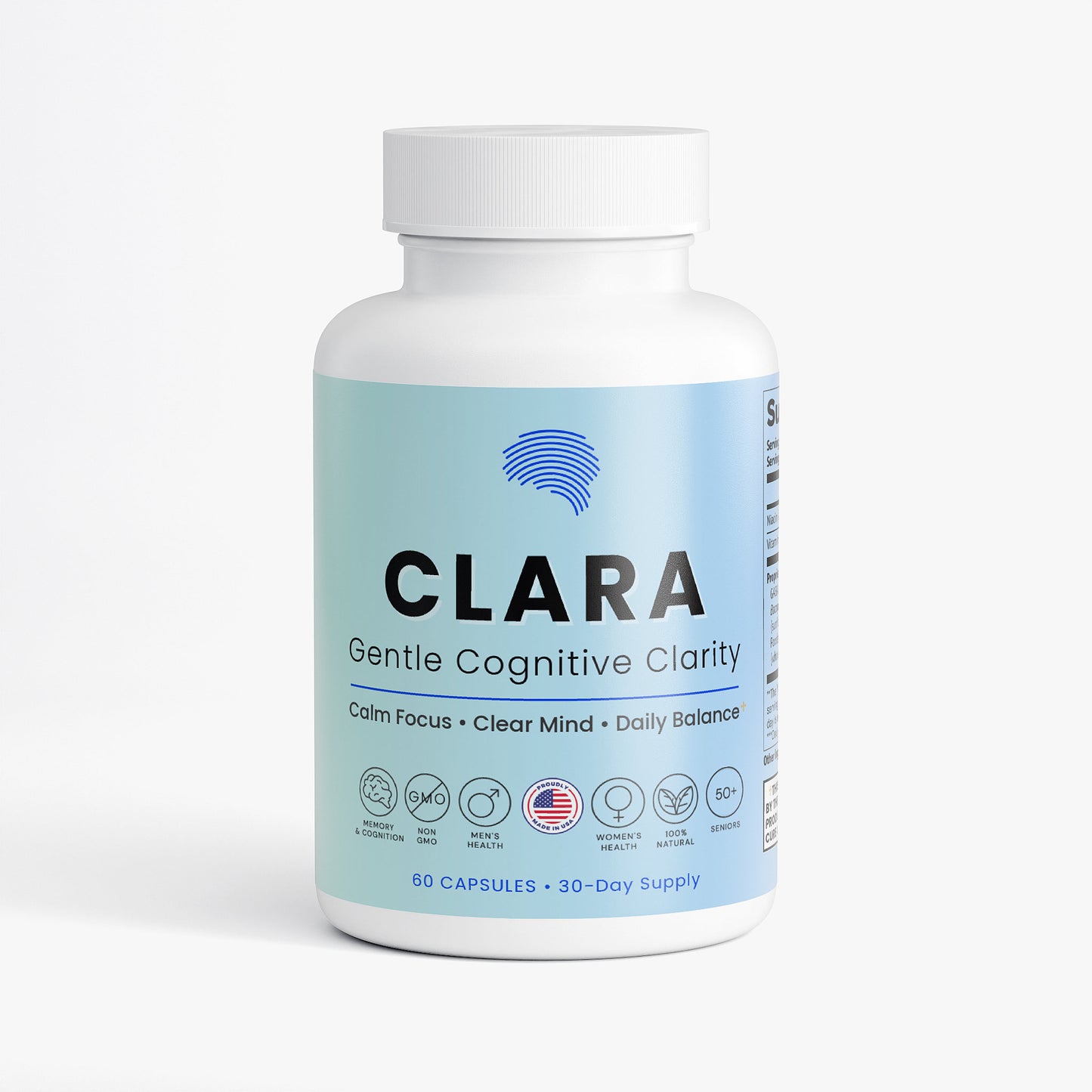 Nutreska CLARA brain capsules for mental clarity, calm focus, and cognitive balance; natural nootropic supplement for stress, fog, and daily brain wellness