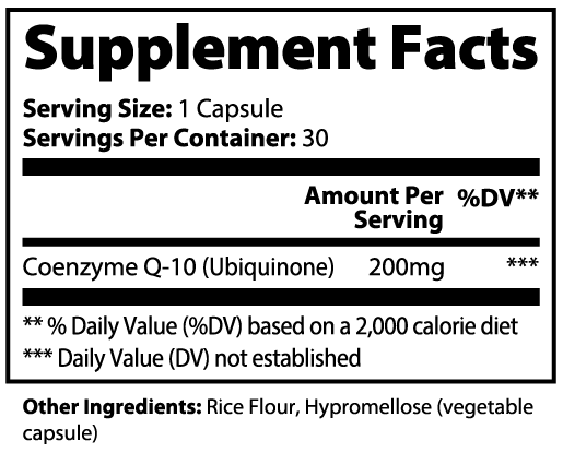 Supplement facts for Nutreska CoQ10 with dosage details for antioxidant protection and mitochondrial energy production support