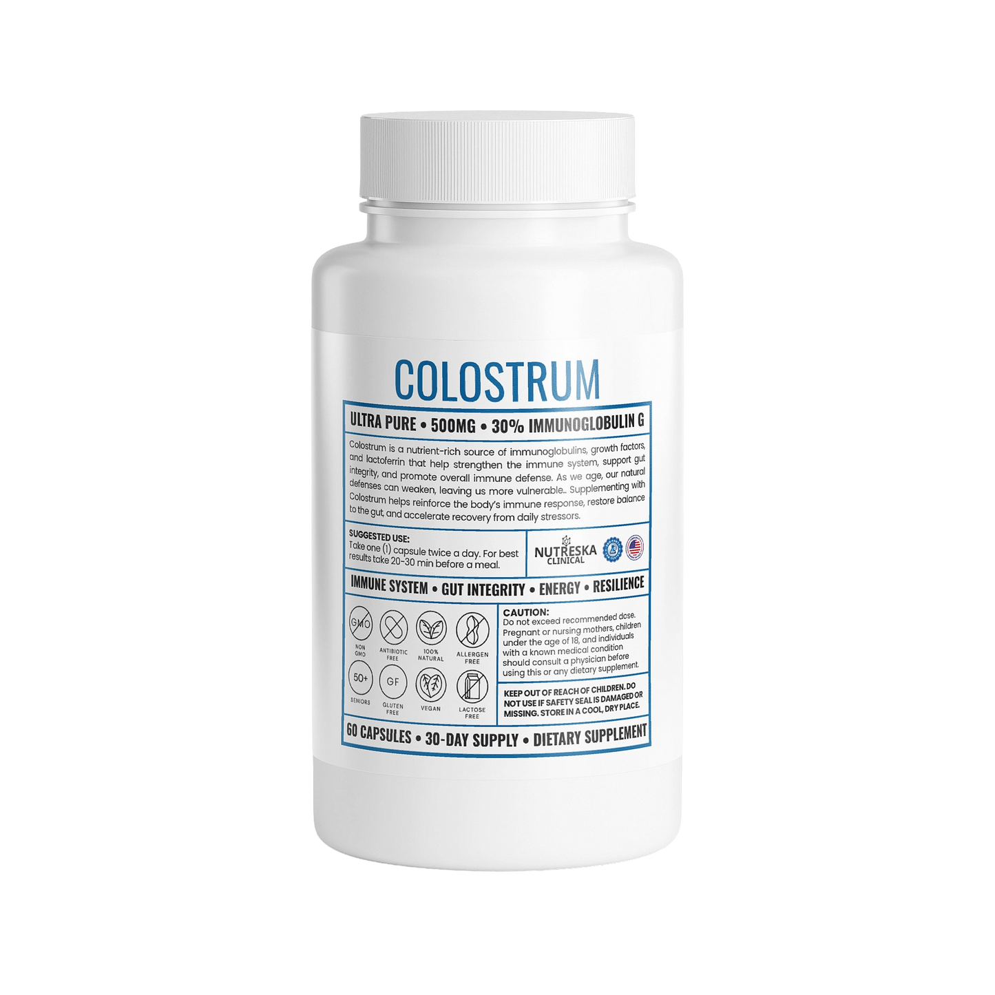 Premium Colostrum capsules by Nutreska Labs. Freeze-dried at -50°C to preserve IgG and avoid microwaving. Almost no Lactose (<1%).
