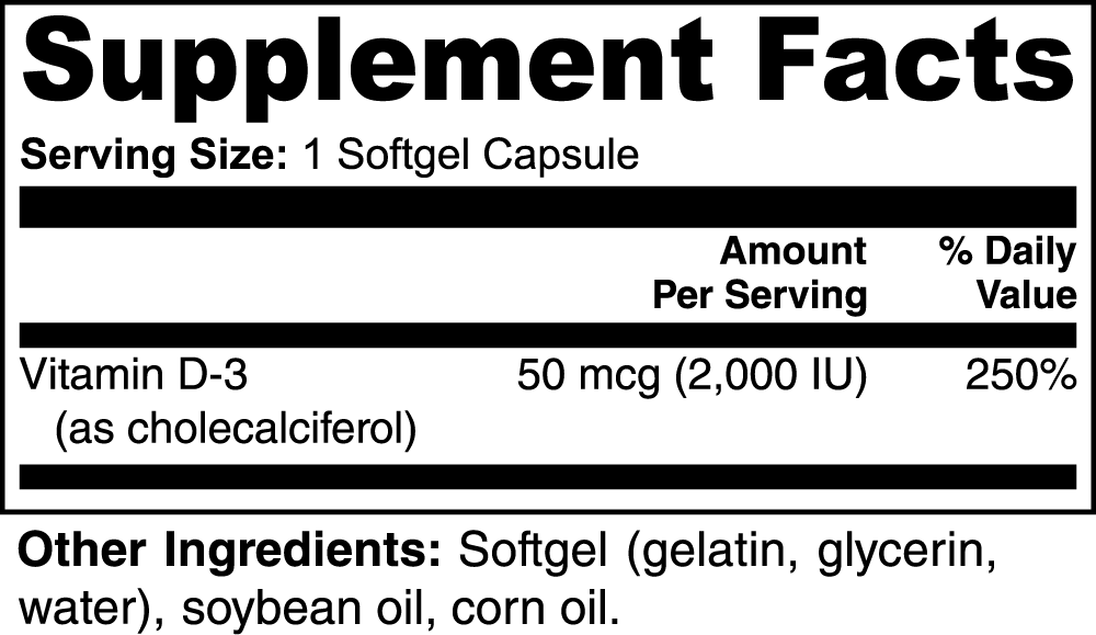 Supplement facts panel for Nutreska D3 softgels showing potency and purity; ideal for immune health, bone support, and vitamin D deficiency correction