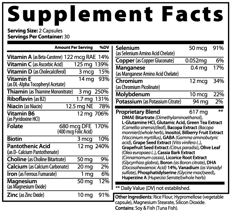 Supplement facts showing clinical doses of brain-enhancing ingredients for memory recall, neurotransmitter support, and daily productivity without crash or jitters