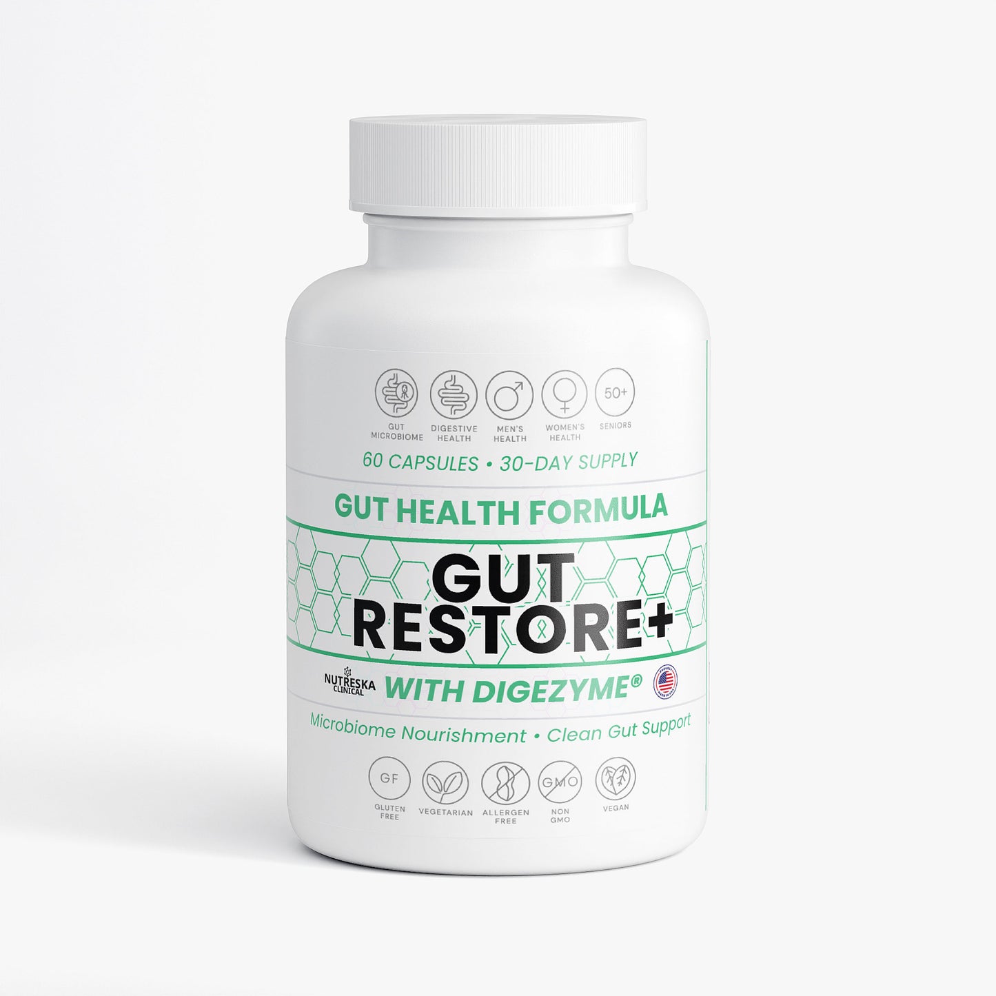 Nutreska Gut Restore probiotic and prebiotic supplement for microbiome health, bloating relief, and gut lining support; ideal for women, men, and post-antibiotic recovery