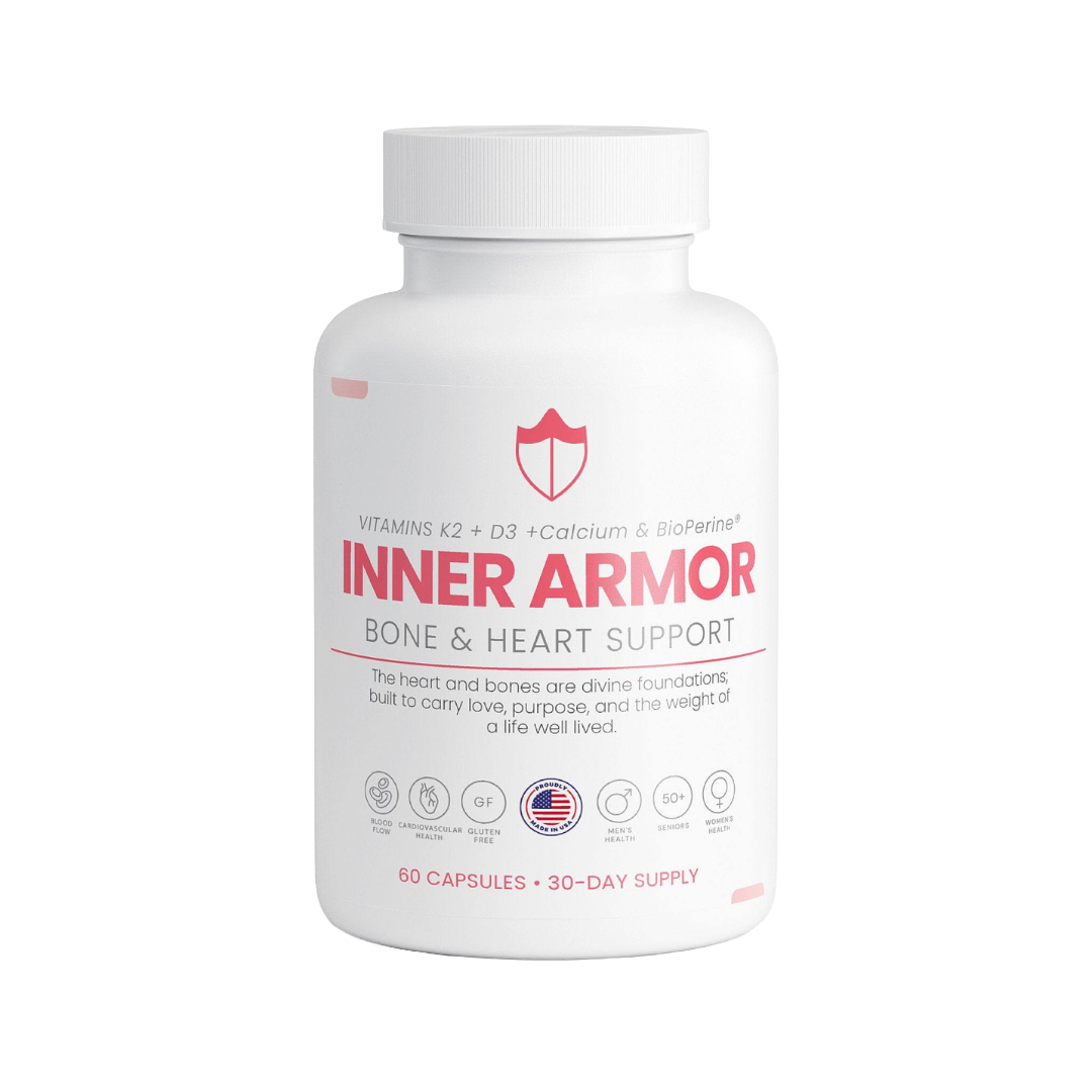Inner Armor by Nutreska supports bone density, joint integrity, and heart function. Supplement Calcium, Vitamin D3, Vitamin K2 combined with patented BioPerine for enhanced absorption.