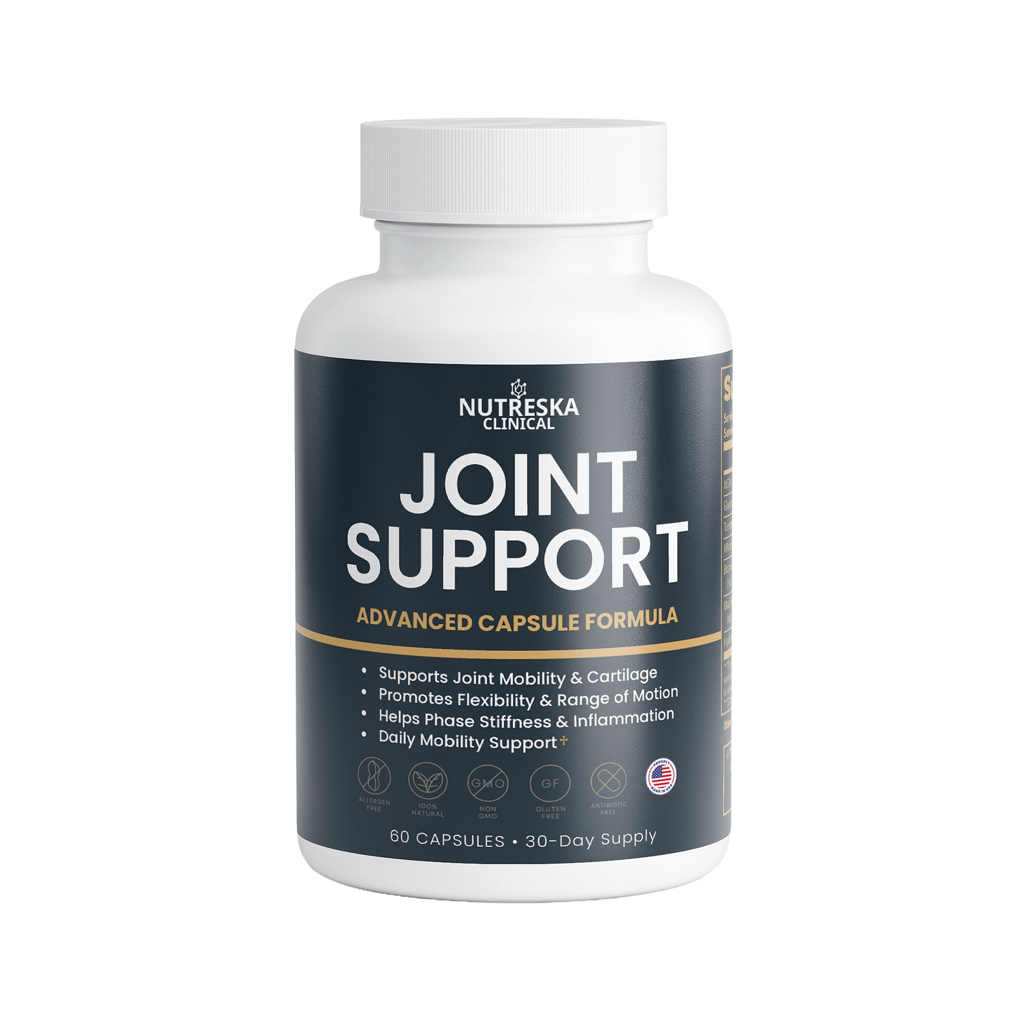 Nutreska Joint Support capsules for flexibility, joint function, and inflammation reduction; designed for active adults, seniors, and post-workout recovery