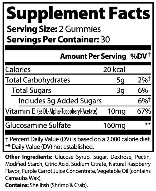 Supplement facts panel for Nutreska Joint Support Gummies showing full joint health blend for knees, hips, and inflammation reduction