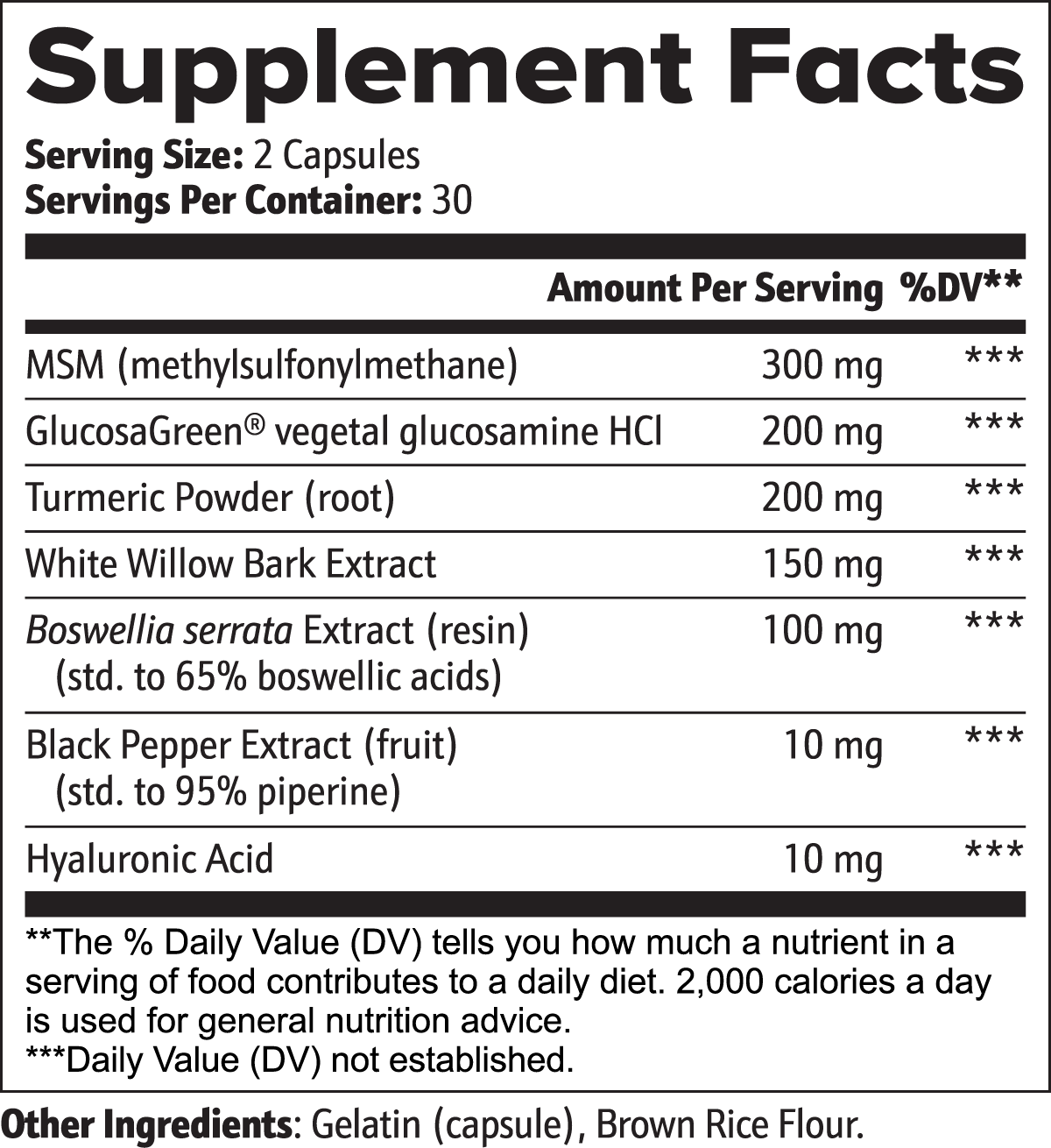 Nutreska joint supplement facts panel showing anti-inflammatory joint ingredients for daily comfort and movement support