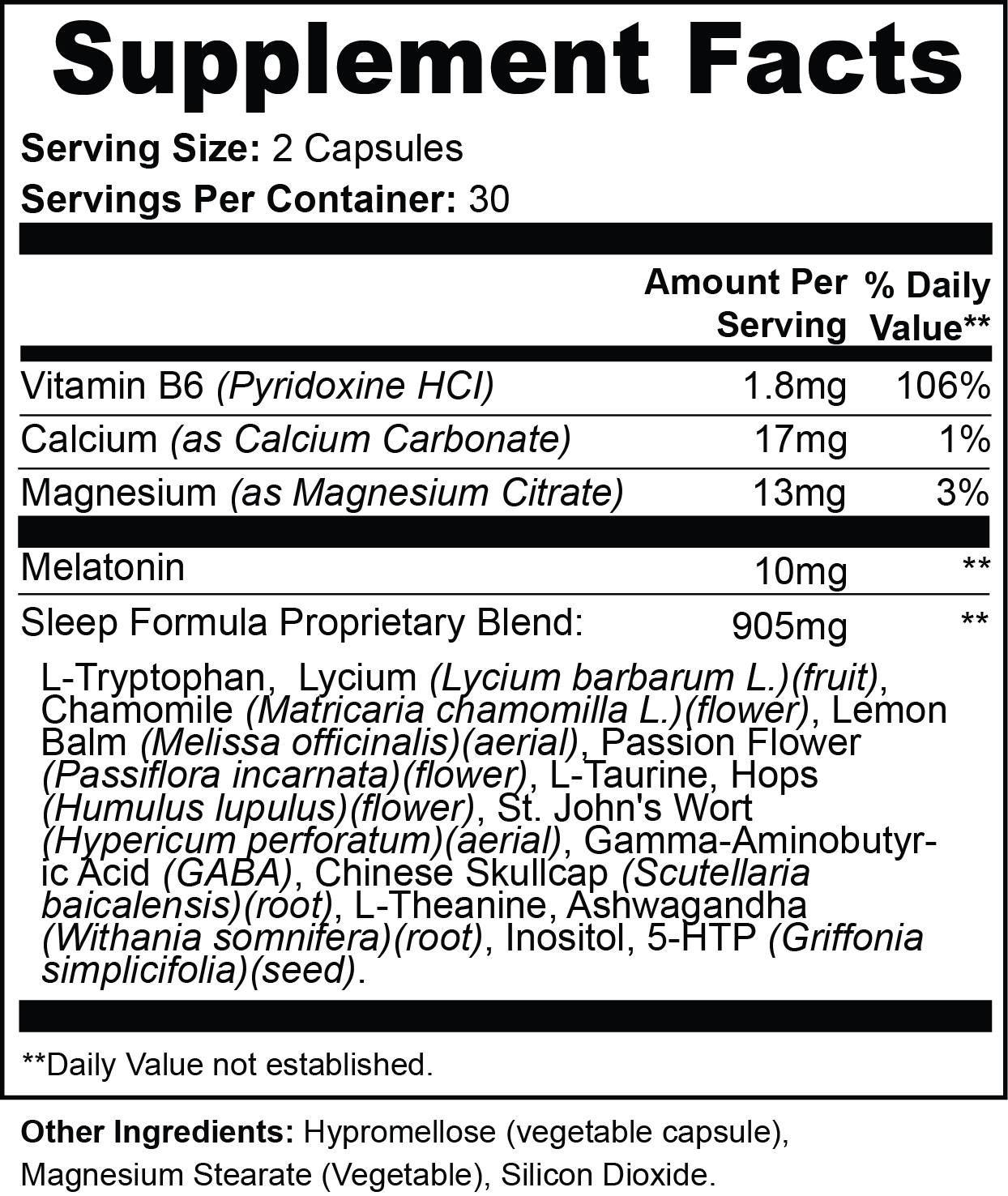 Supplement facts panel for NIGHTCAP™ capsules showing full sleep-support ingredients for natural sleep cycles and relaxation without next-day grogginess