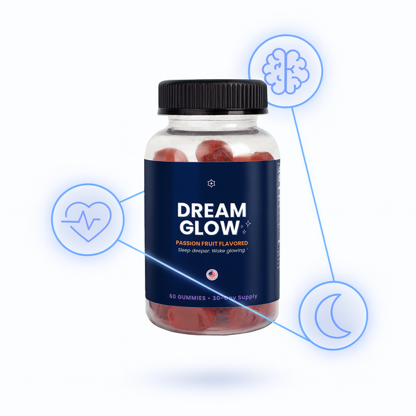 Nutreska Clinical Dream Glow sleep supplement jar with futuristic digital health icons for better sleep support