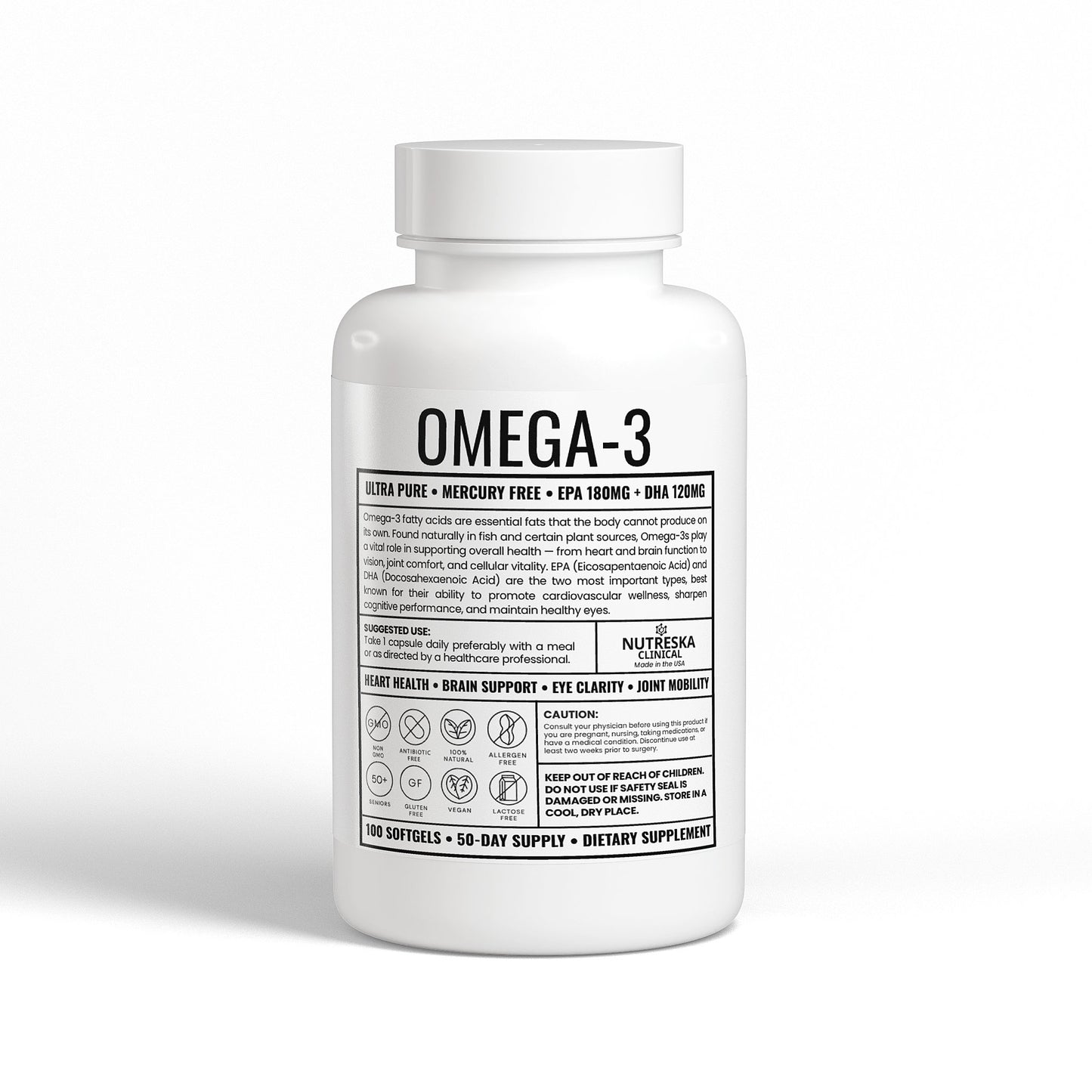 Omega-3 supplement bottle with label on a white background from Nutreska Labs