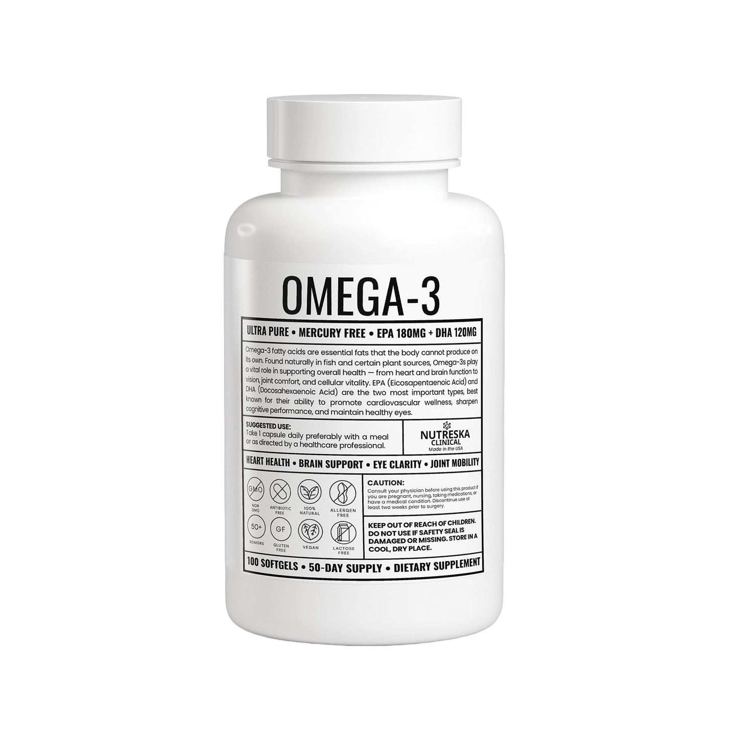 Omega-3 supplement bottle with label on a white background from Nutreska Labs
