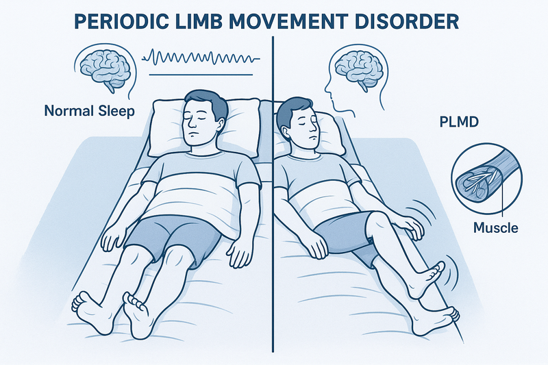 Medical style illustration of periodic limb movement disorder during sleep showing restless legs and sleep fragmentation