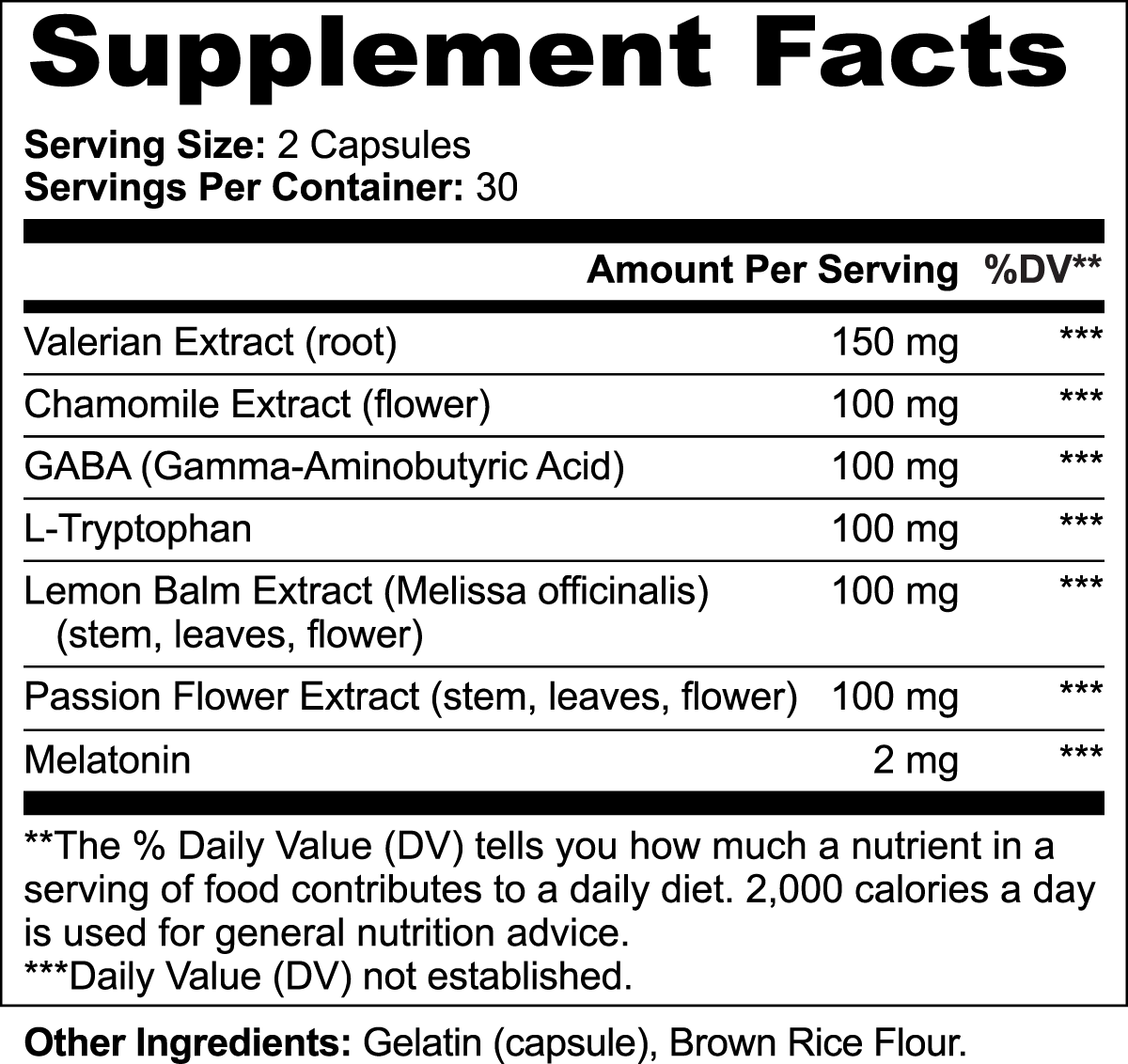 REM Sleep Support Supplement Facts - Nightcap Collection by Nutreska Labs - Sleeping Aid - Low Melatonin - Natural Sleep Aid - Natural Sleeping Pill - Chamomile Sleeping Pill. Supplement facts panel for Nutreska REM Sleep Support showing non-drowsy herbs for sleep quality, restfulness, and nighttime calm