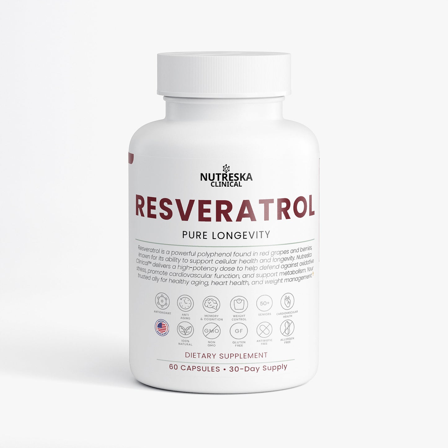 Nutreska Resveratrol capsules for cellular health, cardiovascular support, and anti-aging benefits; sourced from red grapes and berries for powerful antioxidant protection