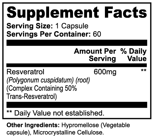 Supplement facts for Nutreska Resveratrol showing standardized extract dosage; ideal for cellular defense, aging support, and heart wellness