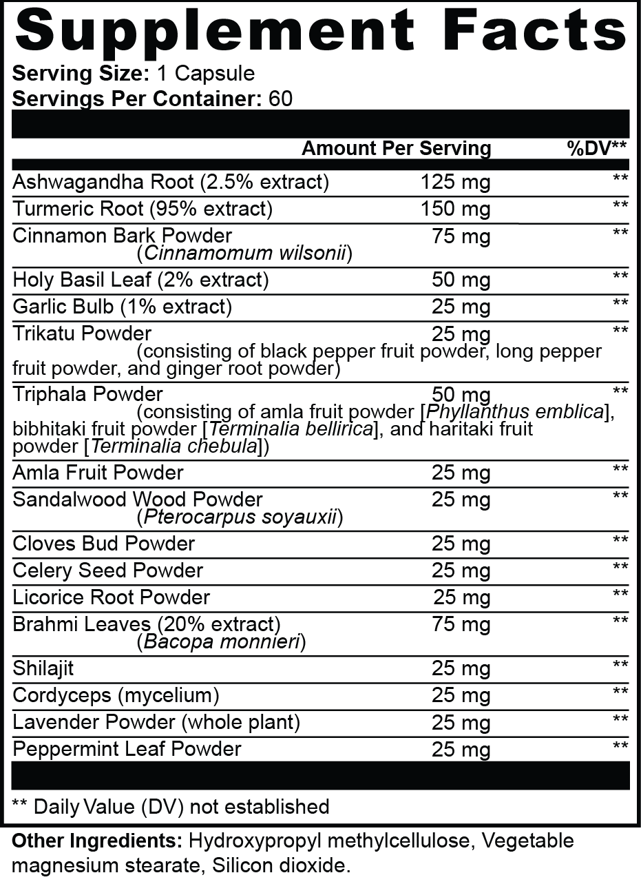 Supplement facts panel for Nutreska Shanti Glow™; adaptogen-rich formula with ashwagandha and mood-balancing botanicals
