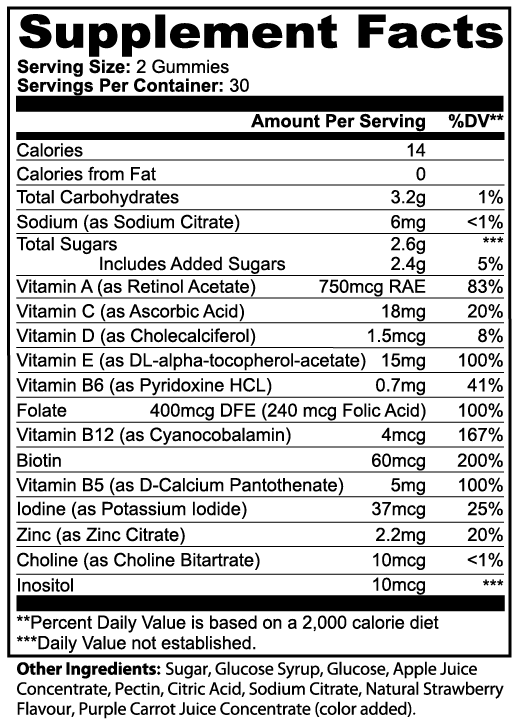 Nutreska Multivitamin Supplement Facts – Full Ingredient List and Nutrition Panel for Vegan Daily Vitamin Gummies – 60 Count