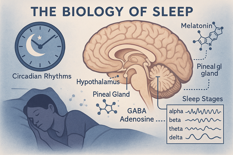 Scientific diagram showing the biology of sleep including brain activity, circadian rhythms, and sleep stages explained by Nutreska