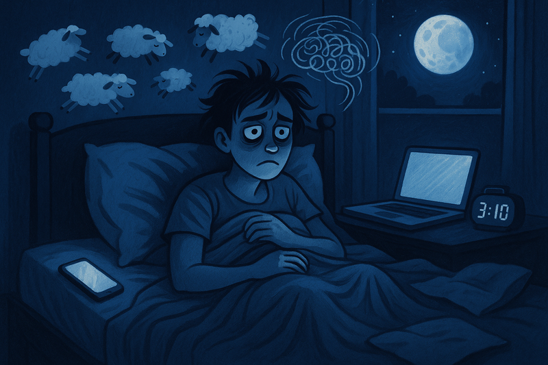 Dark illustration of person awake at night on laptop and phone highlighting the global sleep crisis and technology impact on rest