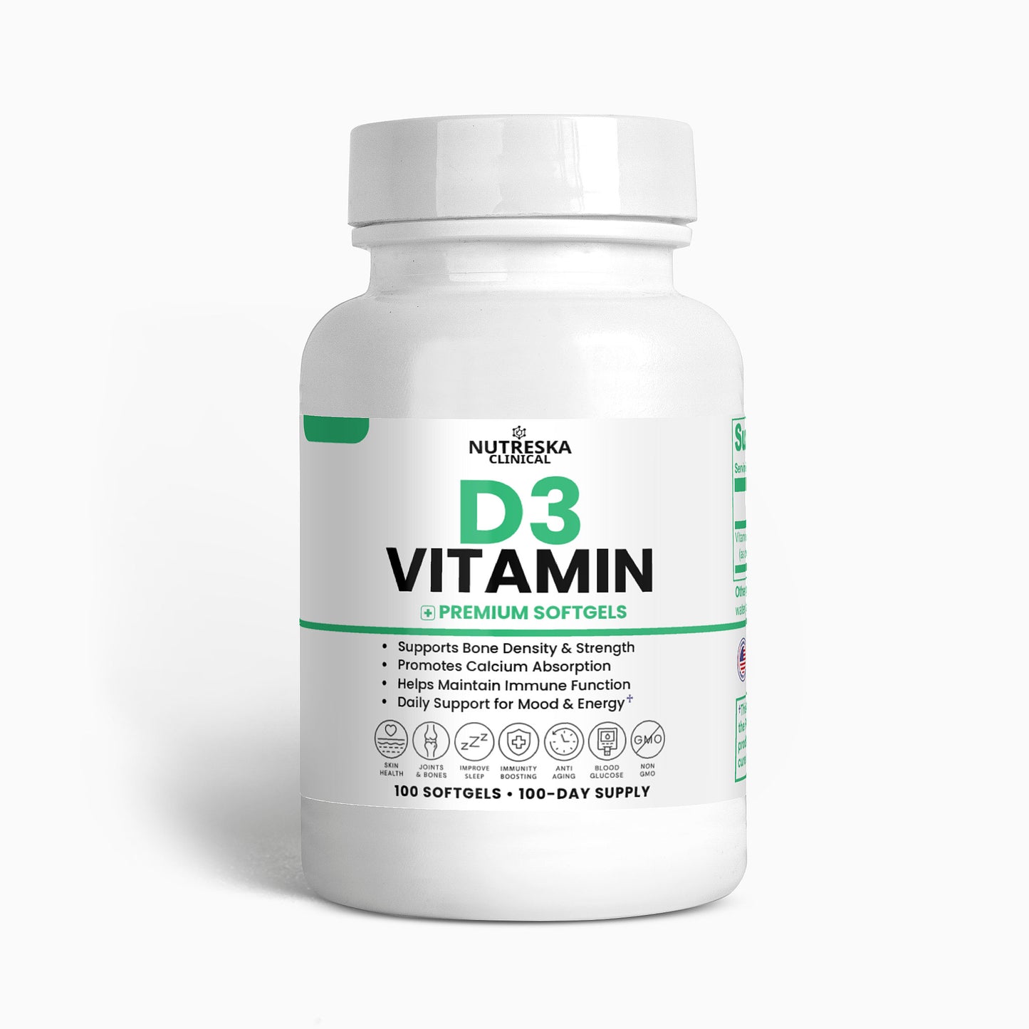 Nutreska Vitamin D3 softgels to support calcium absorption, immune function, bone density, and mood regulation; ideal for adults, seniors, and indoor workers