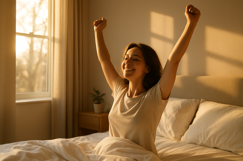 Lifestyle photo of a woman stretching happily in morning sunlight after restful sleep