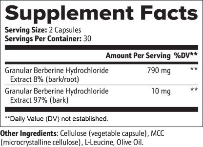Supplement facts panel for Nutreska Berberine; full ingredient breakdown for blood sugar regulation and metabolic balance