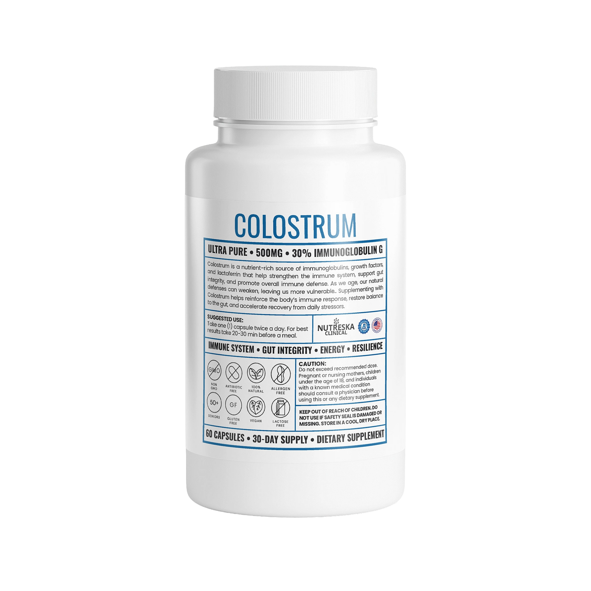 Premium Colostrum capsules by Nutreska Labs. Freeze-dried at -50°C to preserve IgG and avoid microwaving. Almost no Lactose (<1%). 