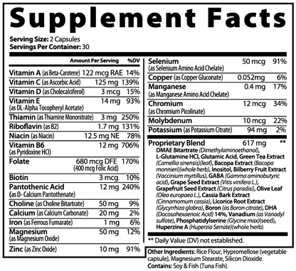 Supplement facts showing clinical doses of brain-enhancing ingredients for memory recall, neurotransmitter support, and daily productivity without crash or jitters