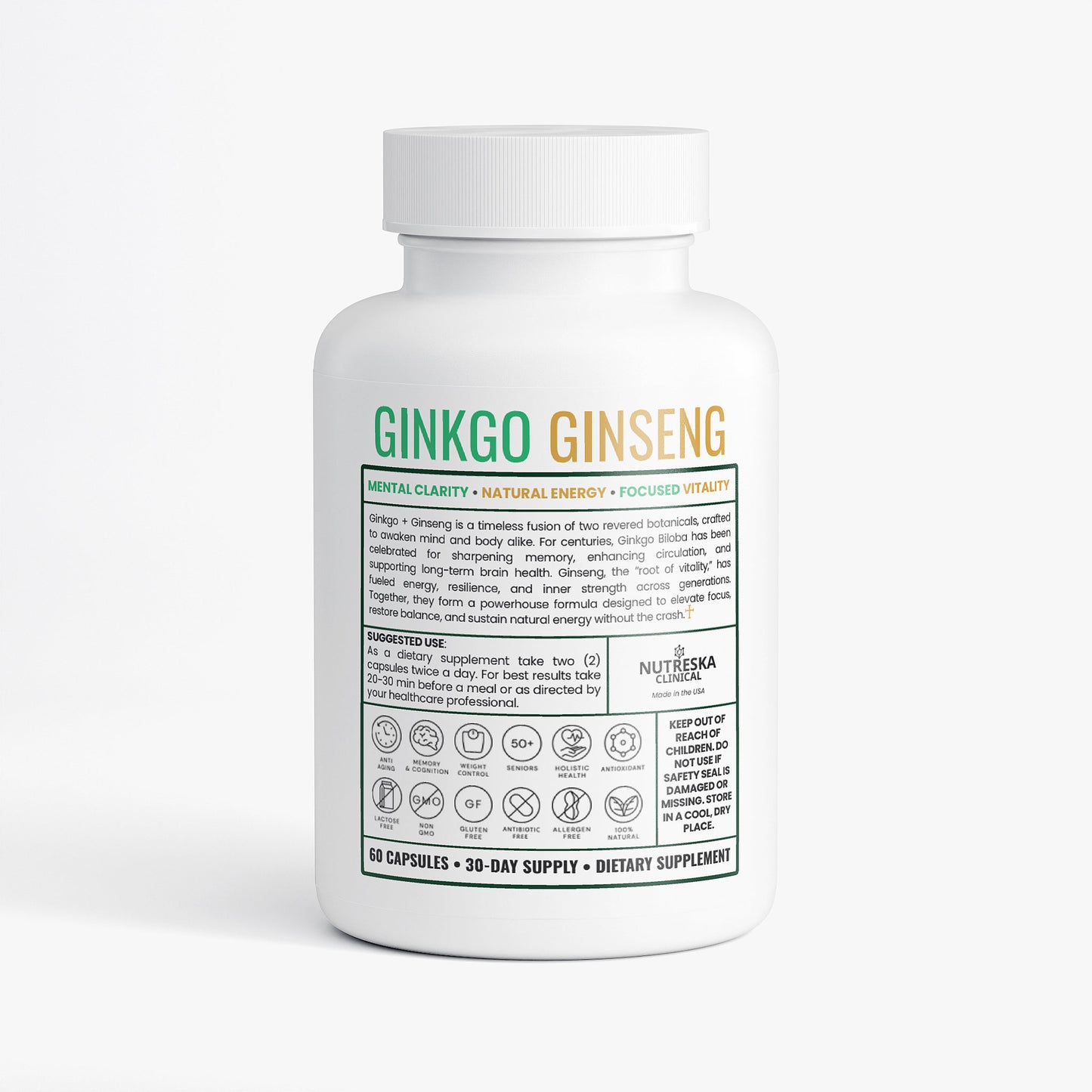 Supplement bottle from Nutreska Clinical with Ginkgo Biloba and Ginseng. Low-cost product priced at 19.99 USD designed to make the company lose money and be attractive to Ginseng and Ginkgo Biloba users. This strategy is done to try and gain customers for other products sold by Nutreska that actually have a profit margin. 