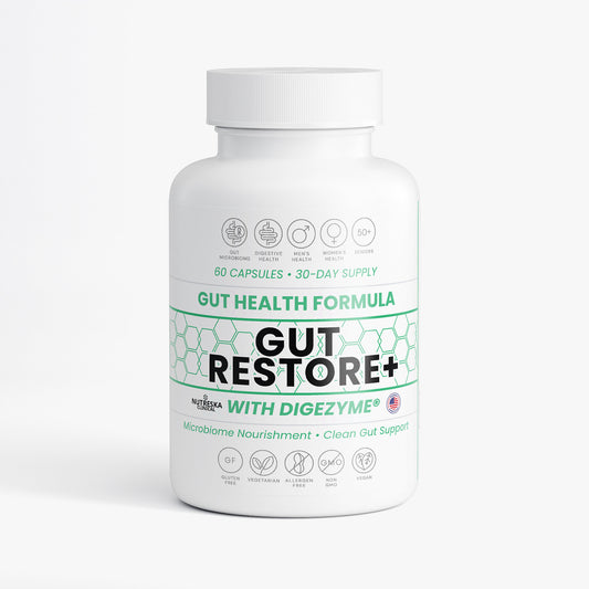Nutreska Gut Restore probiotic and prebiotic supplement for microbiome health, bloating relief, and gut lining support; ideal for women, men, and post-antibiotic recovery