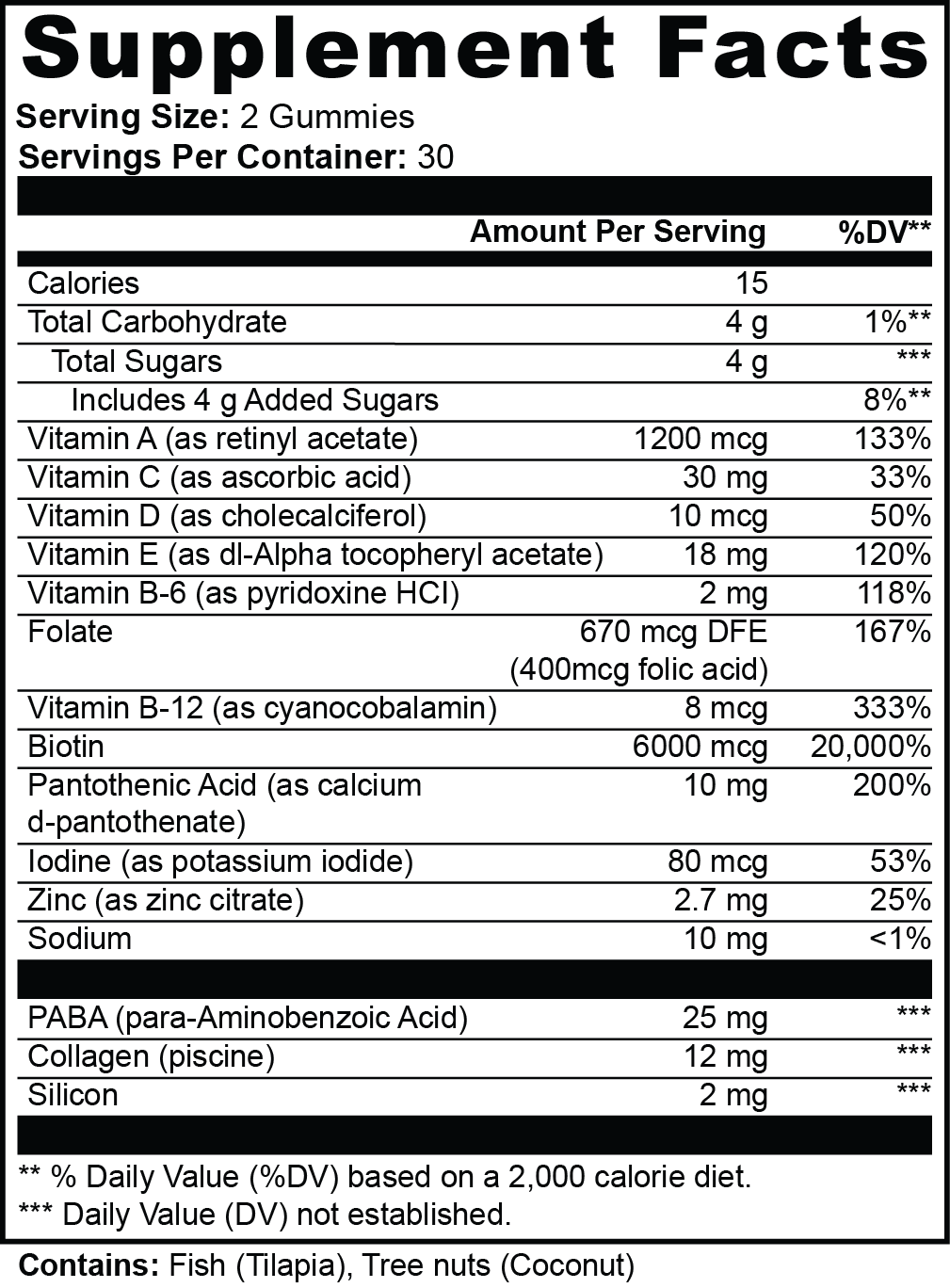 Supplement facts panel for HéLIA™ showing hair, skin, and nail nutrients for beauty support, collagen production, and antioxidant defense