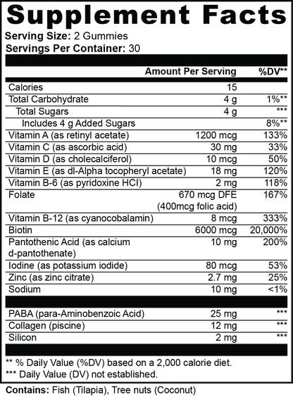 Supplement facts panel for HéLIA™ showing hair, skin, and nail nutrients for beauty support, collagen production, and antioxidant defense
