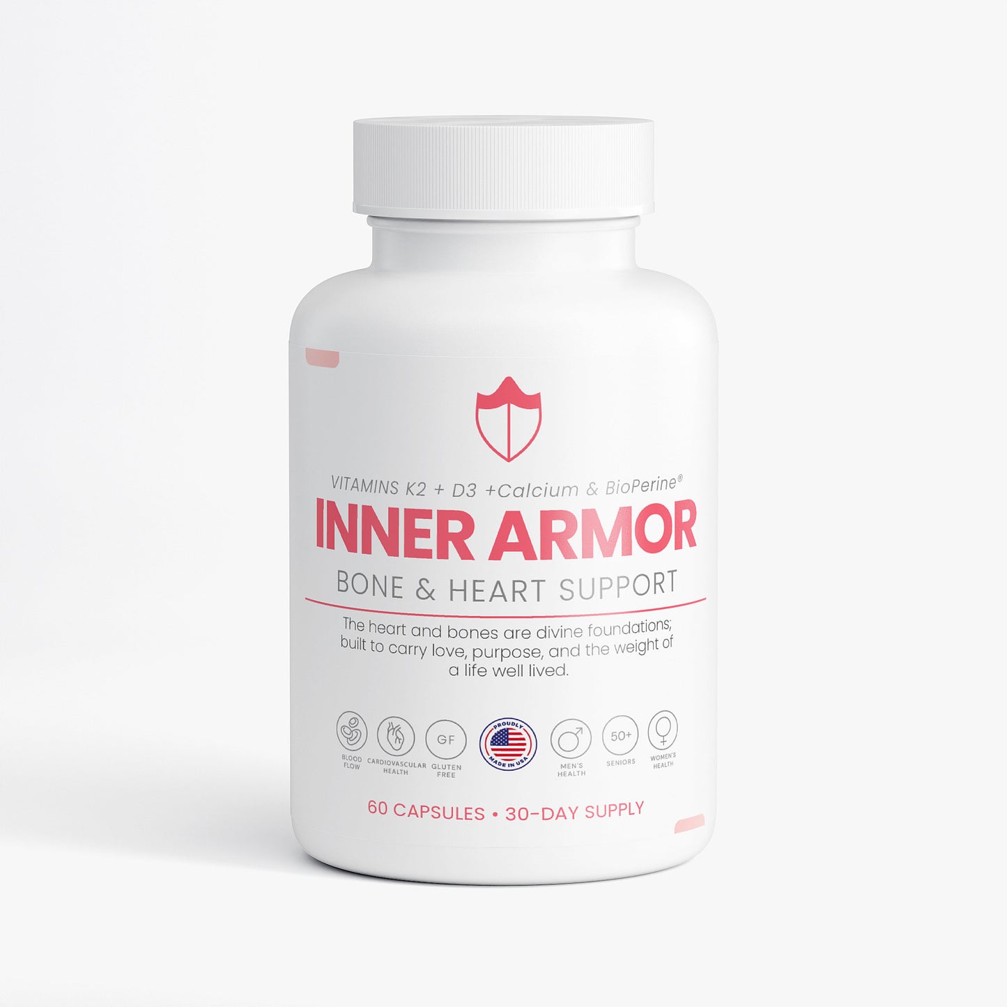Inner Armor by Nutreska supports bone density, joint integrity, and heart function with key nutrients like K2, D3, magnesium, and zinc; ideal for active aging