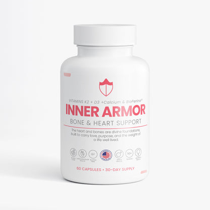 Inner Armor by Nutreska supports bone density, joint integrity, and heart function with key nutrients like K2, D3, magnesium, and zinc; ideal for active aging