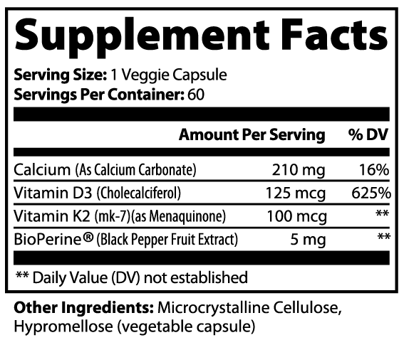 Supplement facts for Inner Armor blend showing full vitamin and mineral profile to protect bone mass and cardiovascular system