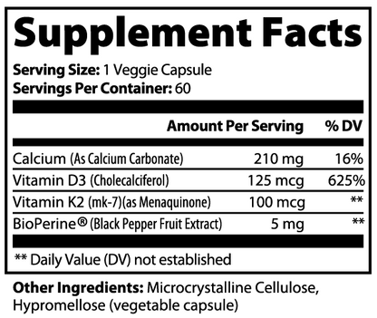 Supplement facts for Inner Armor blend showing full vitamin and mineral profile to protect bone mass and cardiovascular system