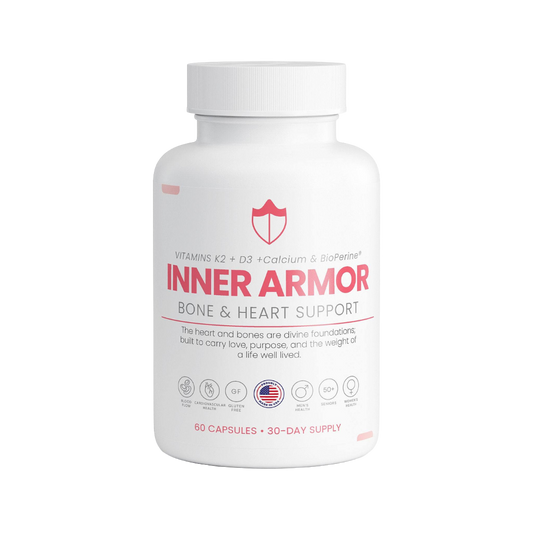 Inner Armor by Nutreska supports bone density, joint integrity, and heart function. Supplement Calcium, Vitamin D3, Vitamin K2 combined with patented BioPerine for enhanced absorption. 
