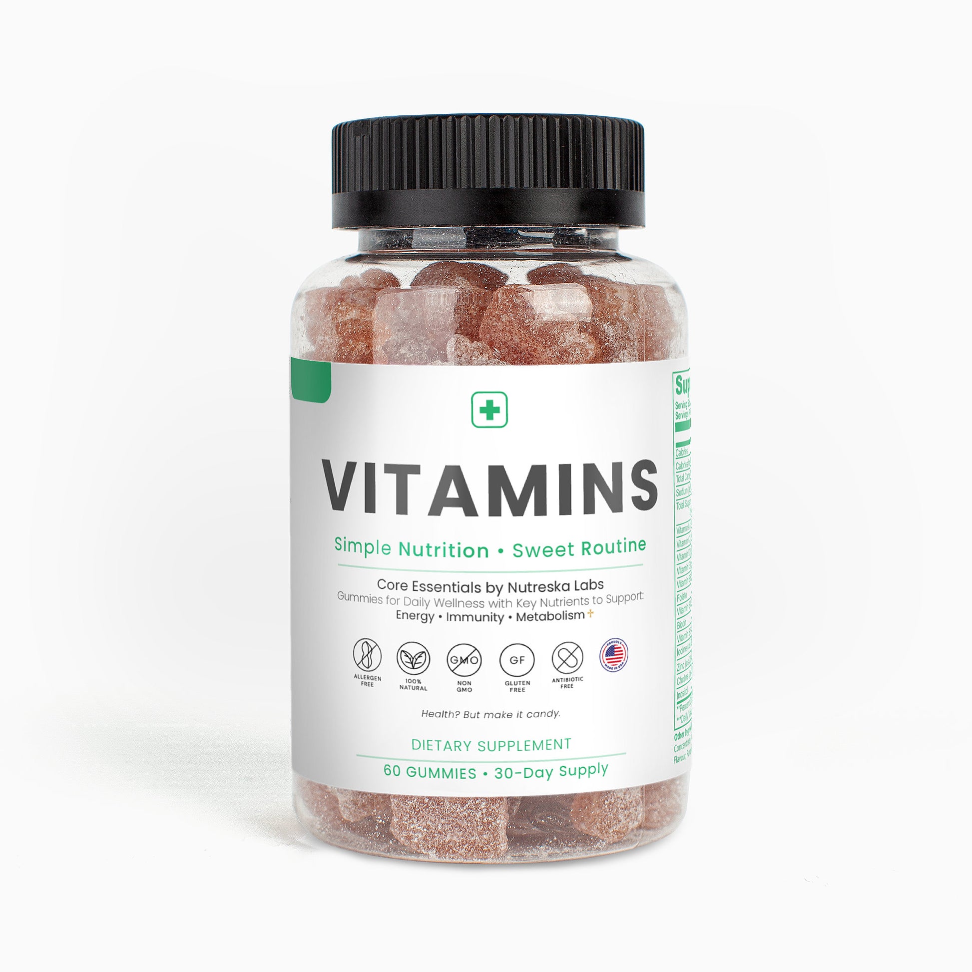 Nutreska Complete Multivitamin Gummies for Adults – Daily Vegan Vitamin Supplement Bottle – Front Label Packaging | Nutreska Strawberry Gummies with essential vitamins; tasty multivitamin for daily wellness, energy, and immune support for adults and teens