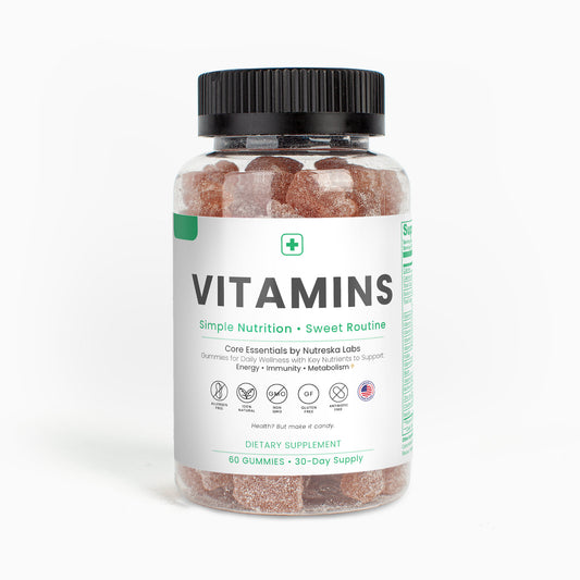 Nutreska Complete Multivitamin Gummies for Adults – Daily Vegan Vitamin Supplement Bottle – Front Label Packaging | Nutreska Strawberry Gummies with essential vitamins; tasty multivitamin for daily wellness, energy, and immune support for adults and teens
