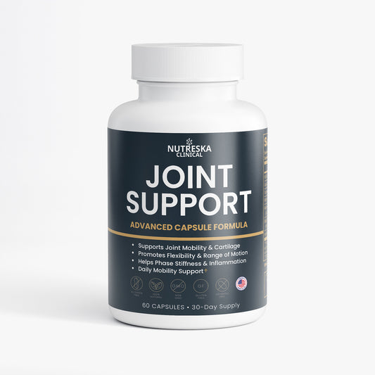 Nutreska Joint Support capsules for flexibility, joint function, and inflammation reduction; designed for active adults, seniors, and post-workout recovery