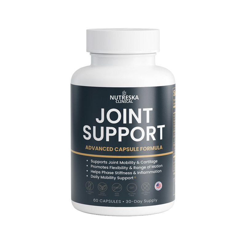 Nutreska Joint Support capsules for flexibility, joint function, and inflammation reduction; designed for active adults, seniors, and post-workout recovery