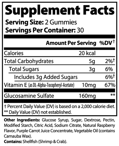 Supplement facts panel for Nutreska Joint Support Gummies showing full joint health blend for knees, hips, and inflammation reduction