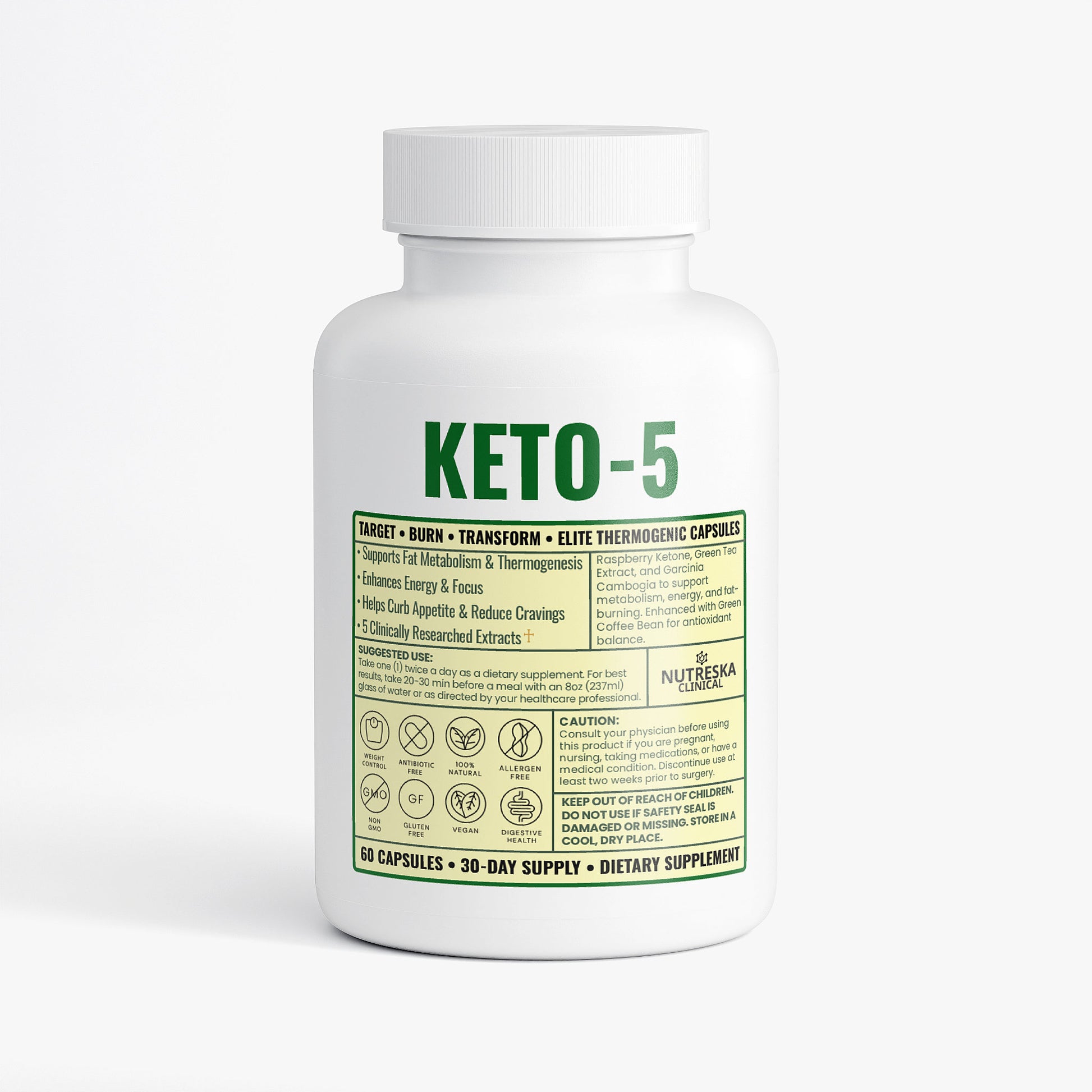 Keto-5 supplement bottle on a white background from Nutreska Labs 