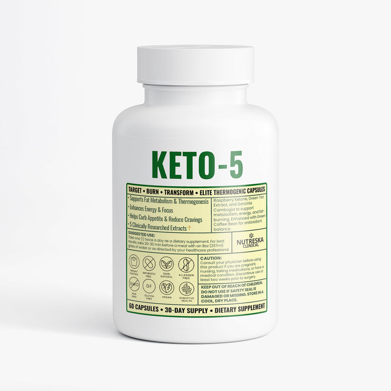 Keto-5 supplement bottle on a white background from Nutreska Labs 