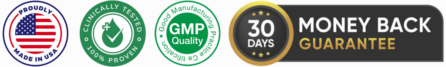 Trust badges for Nutreska Clinical Supplements. Money-back guarantee, 3rd-party testing, GMP Quality and proudly made in the United States of America. 