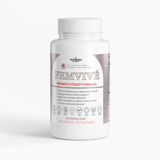 FEMVIVÉ by Nutreska is a daily women’s health supplement supporting hormone balance, PMS relief, mood regulation, and energy; ideal for women seeking vitality and cycle support. Nutreska Lab's Supplements for Women | Vitality & Menstruation | Hormonal Balance | Energy Boost | Endocrine System Balance | Chasteberry, Black Cohosh Root & 11 More Natural Extracts 