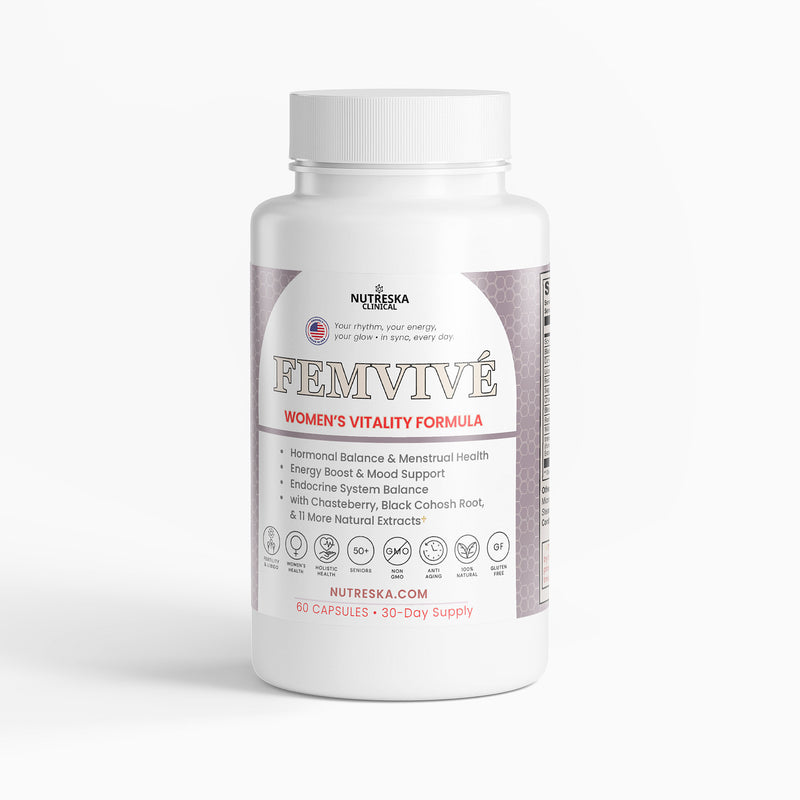 FEMVIVÉ by Nutreska is a daily women’s health supplement supporting hormone balance, PMS relief, mood regulation, and energy; ideal for women seeking vitality and cycle support. Nutreska Lab's Supplements for Women | Vitality & Menstruation | Hormonal Balance | Energy Boost | Endocrine System Balance | Chasteberry, Black Cohosh Root & 11 More Natural Extracts 
