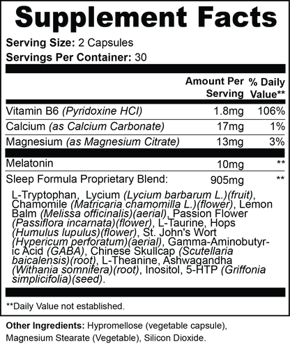 Supplement facts panel for NIGHTCAP™ capsules showing full sleep-support ingredients for natural sleep cycles and relaxation without next-day grogginess