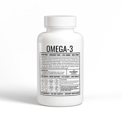 Omega-3 supplement bottle with label on a white background from Nutreska Labs 
