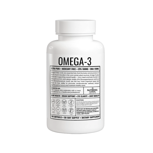 Omega-3 supplement bottle with label on a white background from Nutreska Labs 
